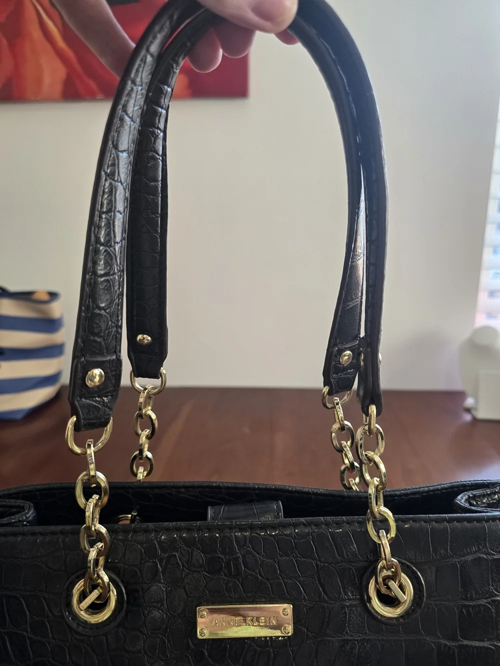 Anne Klein Black Croc-Embossed Shoulder Bag with Gold Accents, New Without Tags!
